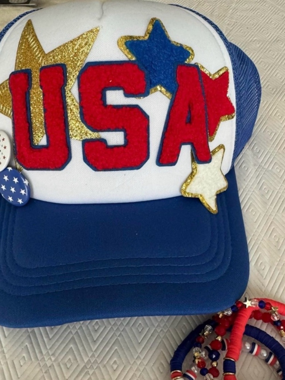 USA Patch Trucker Hat - Red, White & Blue Stars